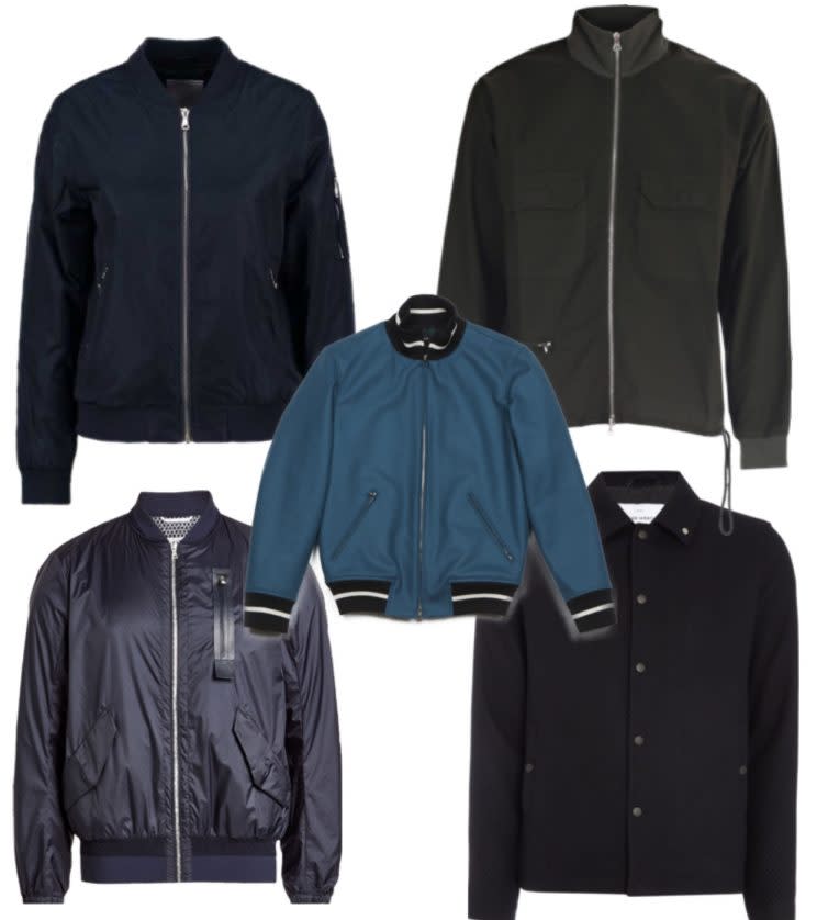 Blouson Collage via Polyvore (Blouson Bomber in navy über Zalando rund 54 EUR, Grüner Blouson über Italist rund 110 EUR, Kobaltblauer Blouson von Agnes B. rund 260 EUR, Sportlicher, dunkleblauer Blouson mit Taschen-Zipper von OAMC rund 245 EUR, Schwarzer Blouson aus Wolle von Peter Werth rund 73 EUR)