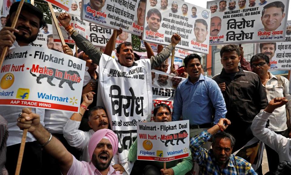 A protest in New Delhi against Walmart’s purchase of the Indian e-commerce firm Flipkart