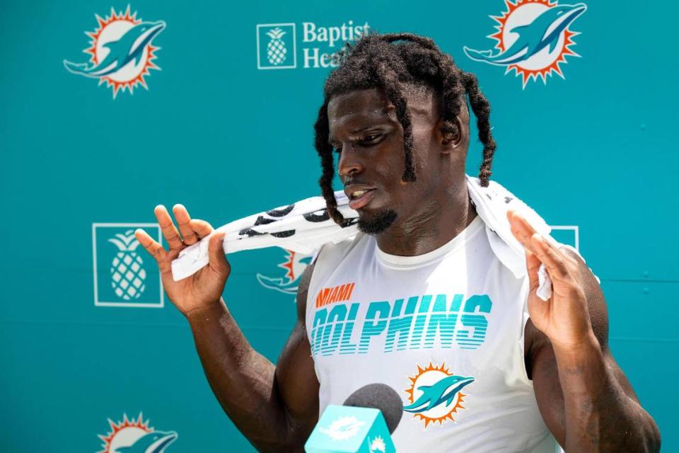 Miami Dolphins wide receiver Tyreek Hill (10) speaks to the media after Dolphins training camp at Baptist Health Training Complex in Miami Gardens on Saturday, August 6, 2022.