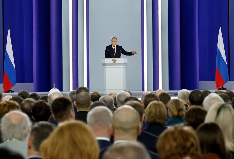 Russian President Putin delivers his annual address to the Federal Assembly in Moscow.