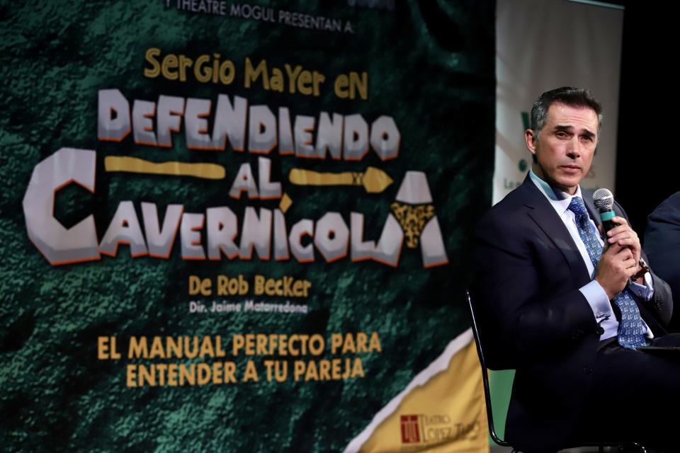 MEXICO CITY, MEXICO - JULY 03: Sergio Mayer talks to the press during the presentation of the new season of the play "Defendiendo al Cavernícola", a role he will play at Lopez Tarso Theatre on July 3, 2019 in Mexico City, Mexico. (Photo by Medios y Media/Getty Images)