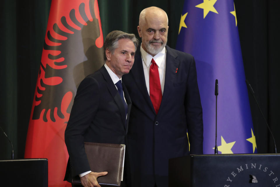 U.S. Secretary of State Antony Blinken, left, and Albania's Prime Minister Edi Rama pose after a joint press conference in Tirana, Albania, Thursday, Feb. 15, 2024. Blinken visits Albania to reaffirm Washington's relations with a key partner in the Western Balkan region and an ally in supporting Ukraine's sovereignty and territorial integrity. (AP Photo/Armando Babani, Pool)