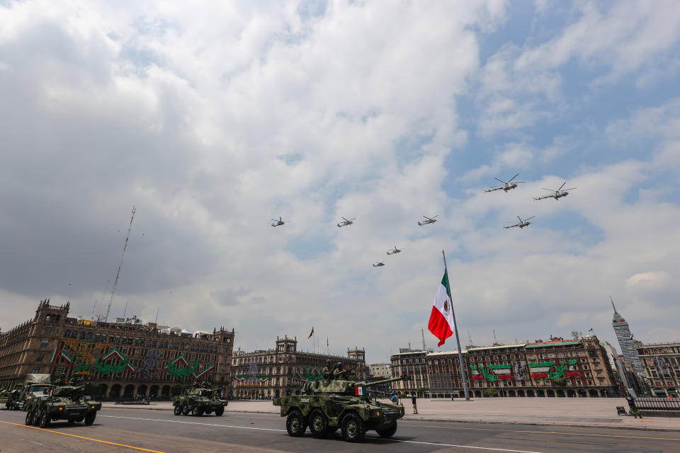 VARIOUS CITIES, MEXICO - SEPTEMBER 16: Mexican Air Force aircrafts perform a ceremonial flight during the Independence Day military parade at Zocalo Square on September 16, 2020 in Various Cities, Mexico. This year El Zocalo remains closed for general public due to coronavirus restrictions. Every September 16 Mexico celebrates the beginning of the revolution uprising of 1810. (Photo by Hector Vivas/Getty Images)