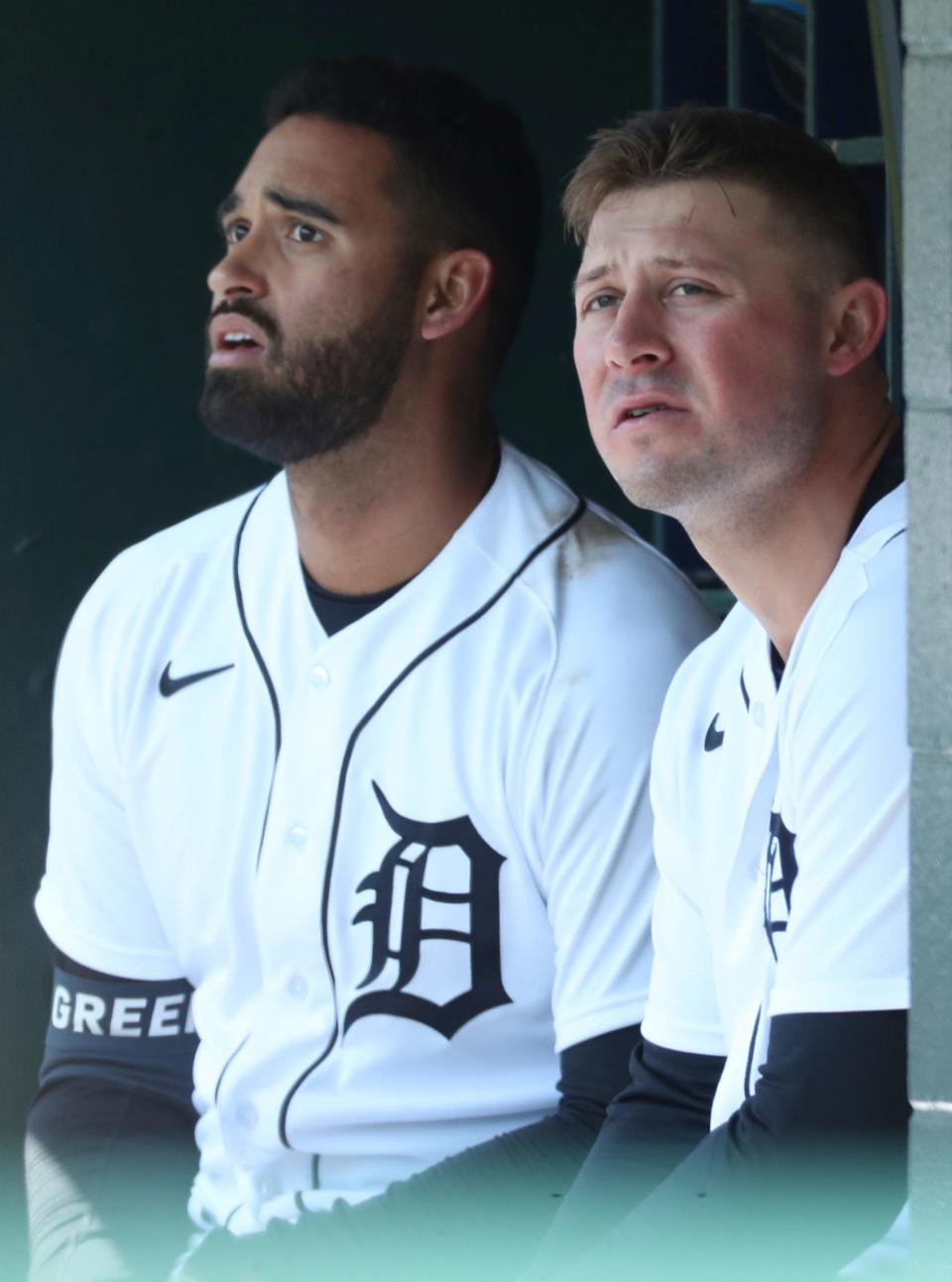 Detroit Tigers center fielder Riley Greene (31) and first baseman Spencer Torkelson (20) in the dugout during action against the Cleveland Guardians at Comerica Park in Detroit on Wednesday, April 19, 2023.