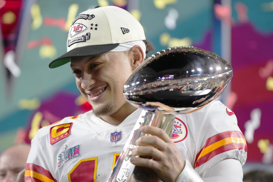 Kansas City Chiefs quarterback Patrick Mahomes (15) won another Lombardi Trophy. (AP Photo/Matt Slocum)