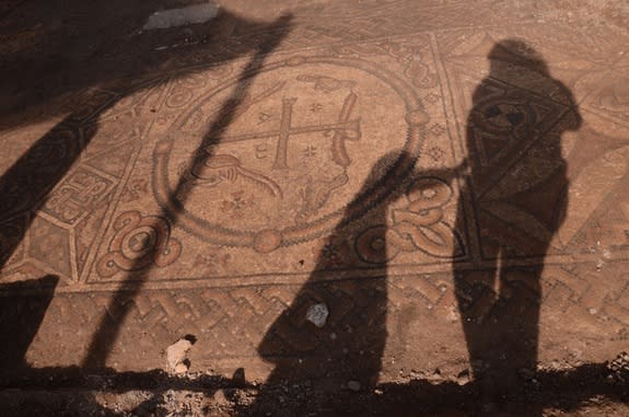 This mosaic found in an ancient Byzantine church contains a Christogram, or a monogram of Christ.