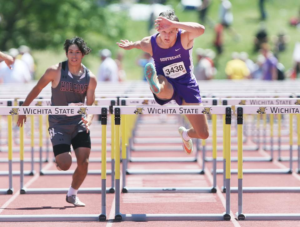 Southeast of Saline's Chase Poague finishes first in the Class 3A 110-meter hurdles preliminaries race with a time of 14.84 at the state track and field competition Friday, May 27, 2022, at Cessna Stadium in Wichita.