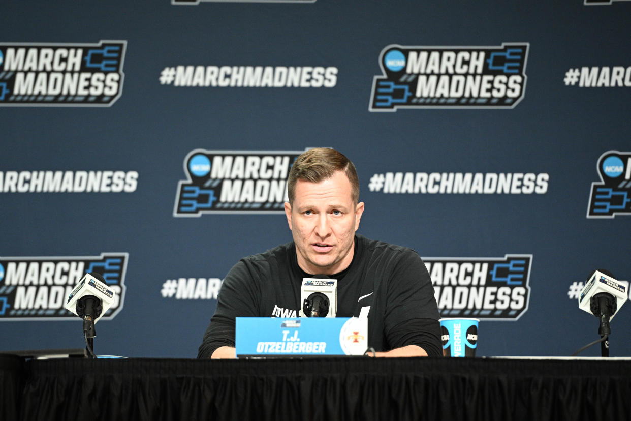 Iowa State head coach T.J. Otzelberger talks with the media during the NCAA first round practice session at CHI Health Center Omaha. Otzelbeger is one of many coaches in Omaha this week that stem from the coaching tree of Greg McDermott.