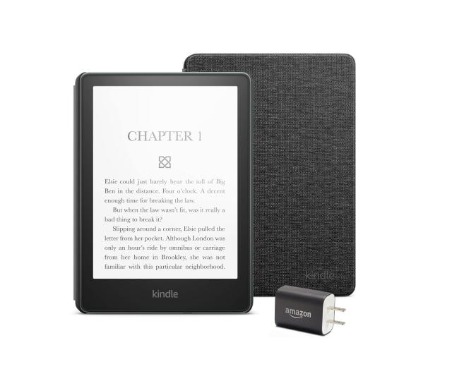 Kindle Paperwhite Essentials Bundle including Kindle Paperwhite (16 GB) -  Denim, Leather Cover - Agave Green, and Power Adapter