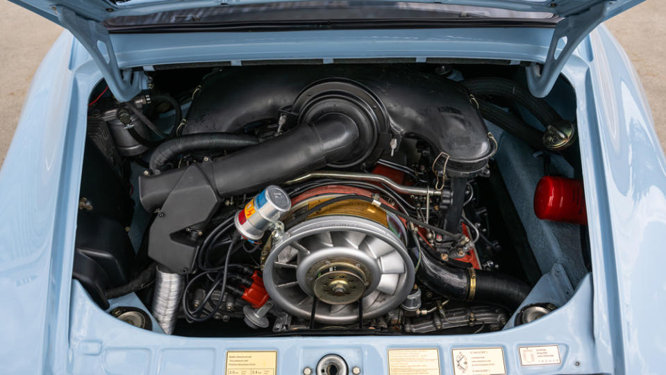 The 2.7-liter flat-six engine inside a 1974 Porsche 911 Carrera 2.7 MFI.