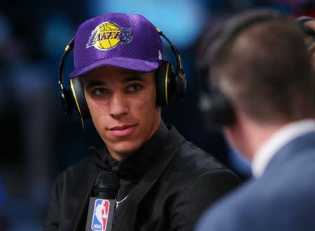 Jun 22, 2017; Brooklyn, NY, USA; Lonzo Ball (UCLA) is interviewed after being introduced as the number two overall pick to the Los Angeles Lakers in the first round of the 2017 NBA Draft at Barclays Center. Mandatory Credit: Brad Penner-USA TODAY Sports