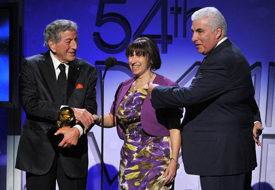 Singer Tony Bennett and parents of the late Amy Winehouse Mitch and Janis Winehouse receive the award for Best Pop Duo/Group Performance for "body and soul"  onstage during the 54th Annual GRAMMY Awards held at Staples Center on February 12, 2012 in Los Angeles, California.