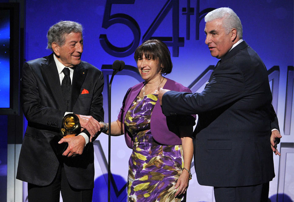 Singer Tony Bennett and parents of the late Amy Winehouse Mitch and Janis Winehouse accept the award for Best Pop Duo/Group Performance for "Body and Soul" onstage at the 54th Annual GRAMMY Awards held at Staples Center on February 12, 2012 in Los Angeles, California.