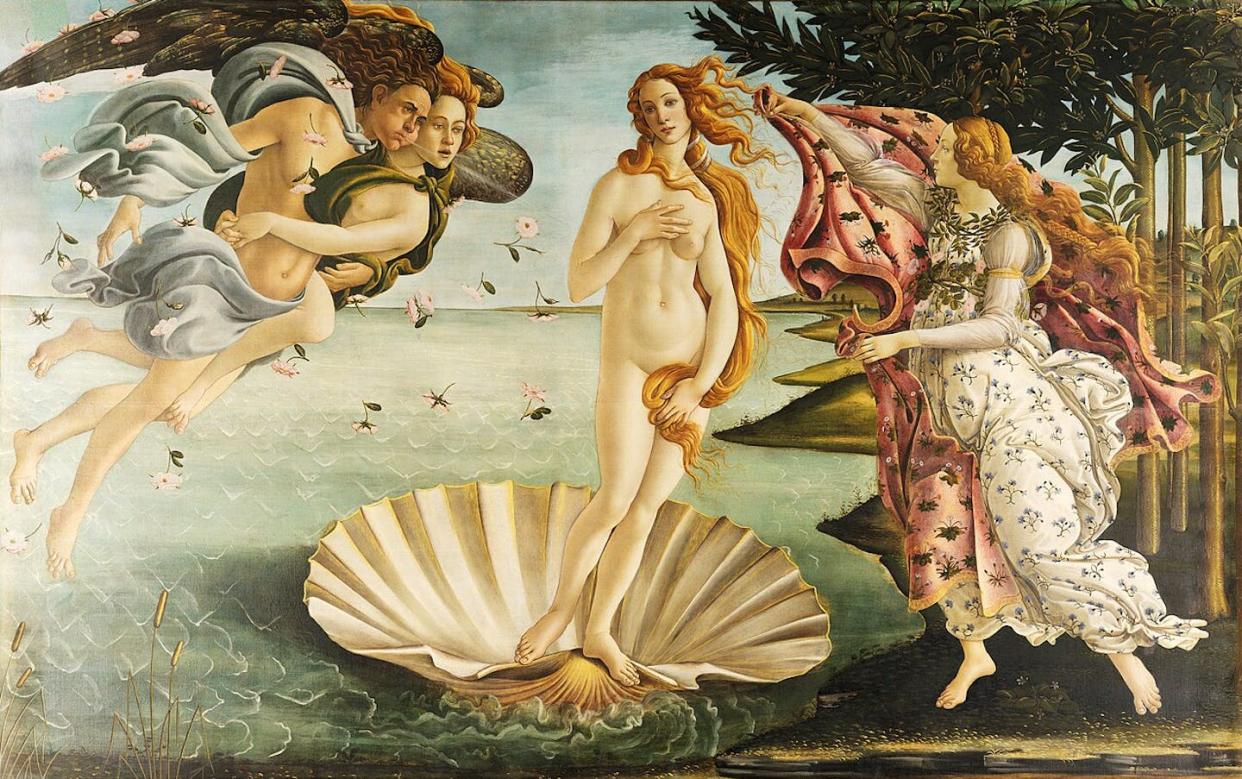 El Nacimiento de Venus, Botticelli, 1482-85. <a href="https://es.wikipedia.org/wiki/El_nacimiento_de_Venus_(Botticelli)#/media/Archivo:Sandro_Botticelli_-_La_nascita_di_Venere_-_Google_Art_Project_-_edited.jpg" rel="nofollow noopener" target="_blank" data-ylk="slk:Wikimedia Commons;elm:context_link;itc:0;sec:content-canvas" class="link ">Wikimedia Commons</a>