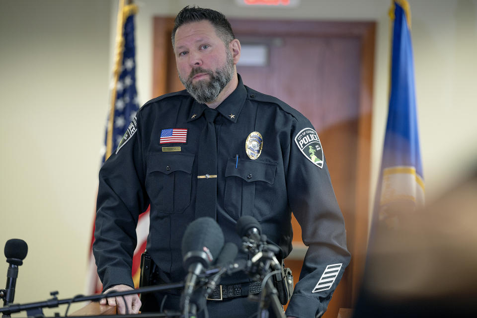 Cloquet Police Chief Derek Randall spoke during a press conference regarding the incident where two people were shot and killed Monday night at a Super 8 hotel in Cloquet, Minn., on Tuesday, Jan. 9, 2024. (Elizabeth Flores/Star Tribune via AP)