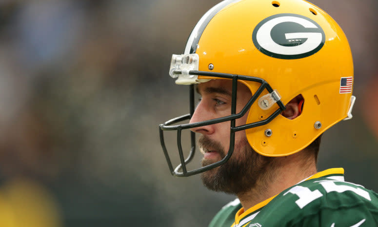 A closeup of Green Bay Packers QB Aaron Rodgers.