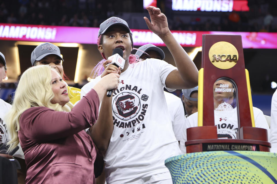 Aliyah Boston led South Carolina to a national championship victory this year in front of a TV audience of 4.85 million on ESPN. (Photo by C. Morgan Engel/NCAA Photos via Getty Images)