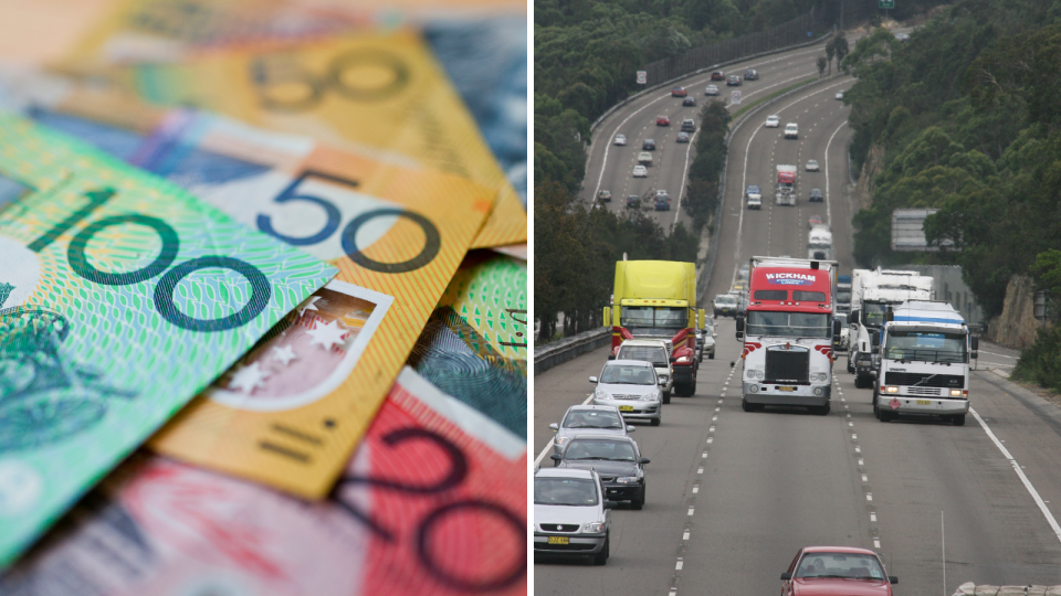 Toll relief Pile of Australian money and cars and trucks driving on a new tollway in Sydney