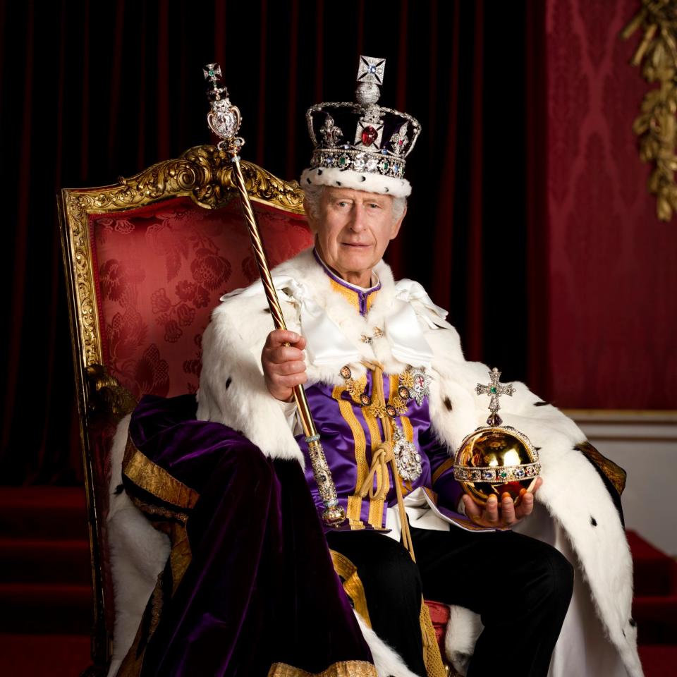 The King is captured in his full regalia, wearing the Imperial State Crown and holding the Orb and Sceptre with Cross - Hugo Burnand/Royal Household 2023/PA Wire