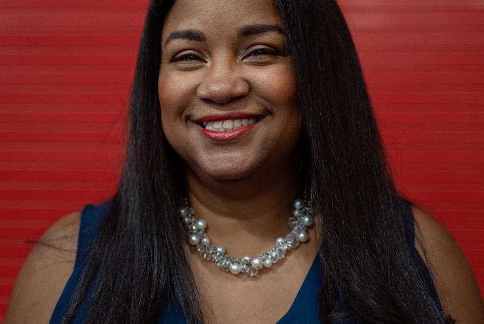On July 25, 2024 at the George R. Brown Convention Center in Houston, Texas, Tiffany Spurlock poses for a portrait at the American Federation of Teachers’ 88th national convention after Vice President Kamala Harris’ keynote speech.