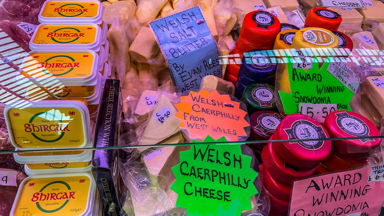 Welsh caerphilly cheese on display