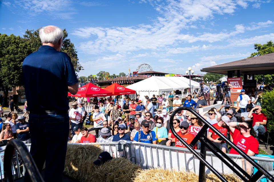 GOP presidential candidate Asa Hutchinson speaks at the Des Moines Register Political Soapbox during day 10 of the Iowa State on Saturday, August 19, 2023 in Des Moines.