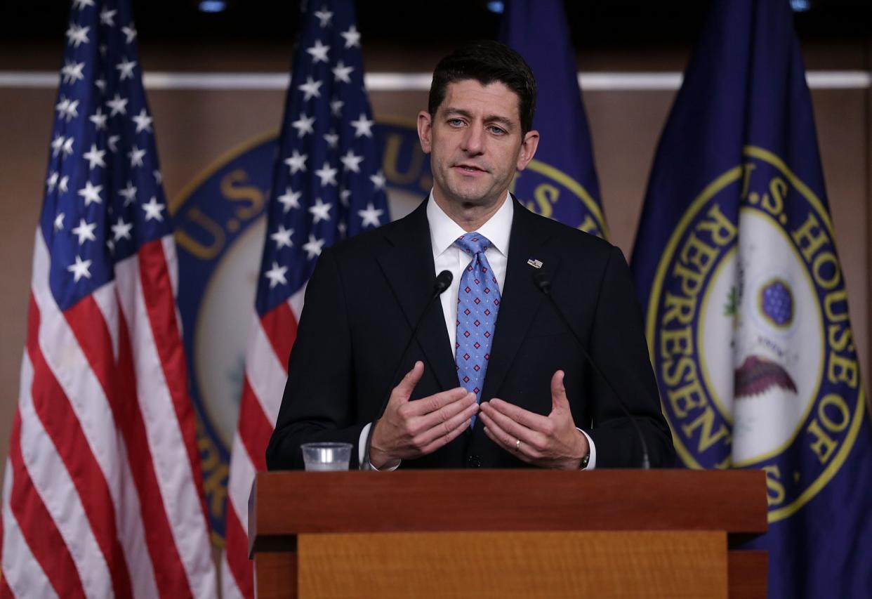 Speaker of the House Paul Ryan delivers a weekly news briefing on May 25 on Capitol Hill. (Photo: Alex Wong/Getty Images)