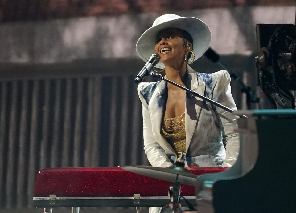 Alicia Keys performs at the Billboard Music Awards, Thursday, May 20, 2021, at the Microsoft Theater in Los Angeles. The awards show airs on May 23 with both live and prerecorded segments. (AP Photo/Chris Pizzello)