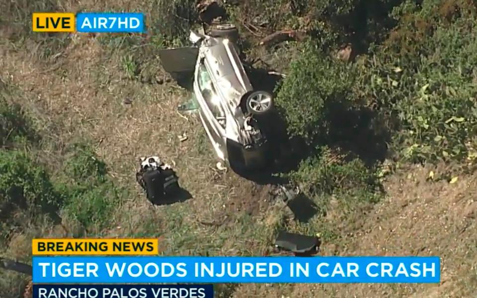 US media footage showed the car flipped onto its side near the road in Los Angeles - AP