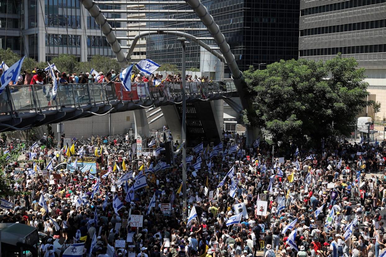 PHOTO: Protesters rally together against the government and to show support for the hostages who were kidnapped during the deadly Oct. 7 attack, in Tel Aviv, Israel, Sept. 2, 2024. (Florion Goga/Reuters)