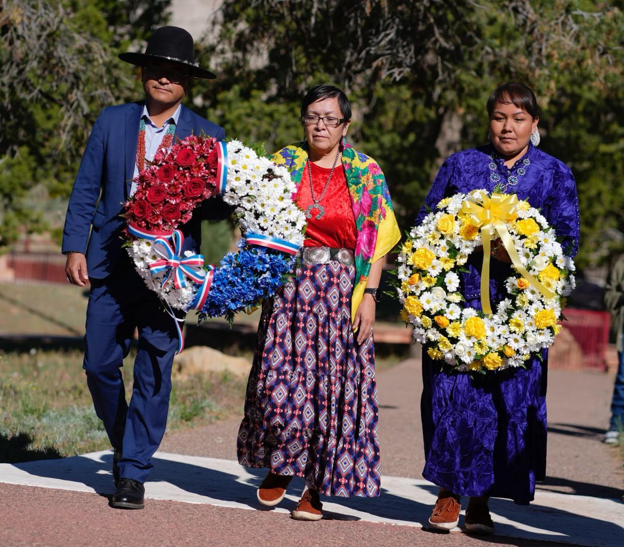 Navajo Nation President Buu Nygren, Navajo Nation Vice President Richelle Montoya, and Speaker of the 25th Navajo Nation Council Crystalyne Curley on Monday in Window Rock, Arizona. (Photo/Navajo Nation)