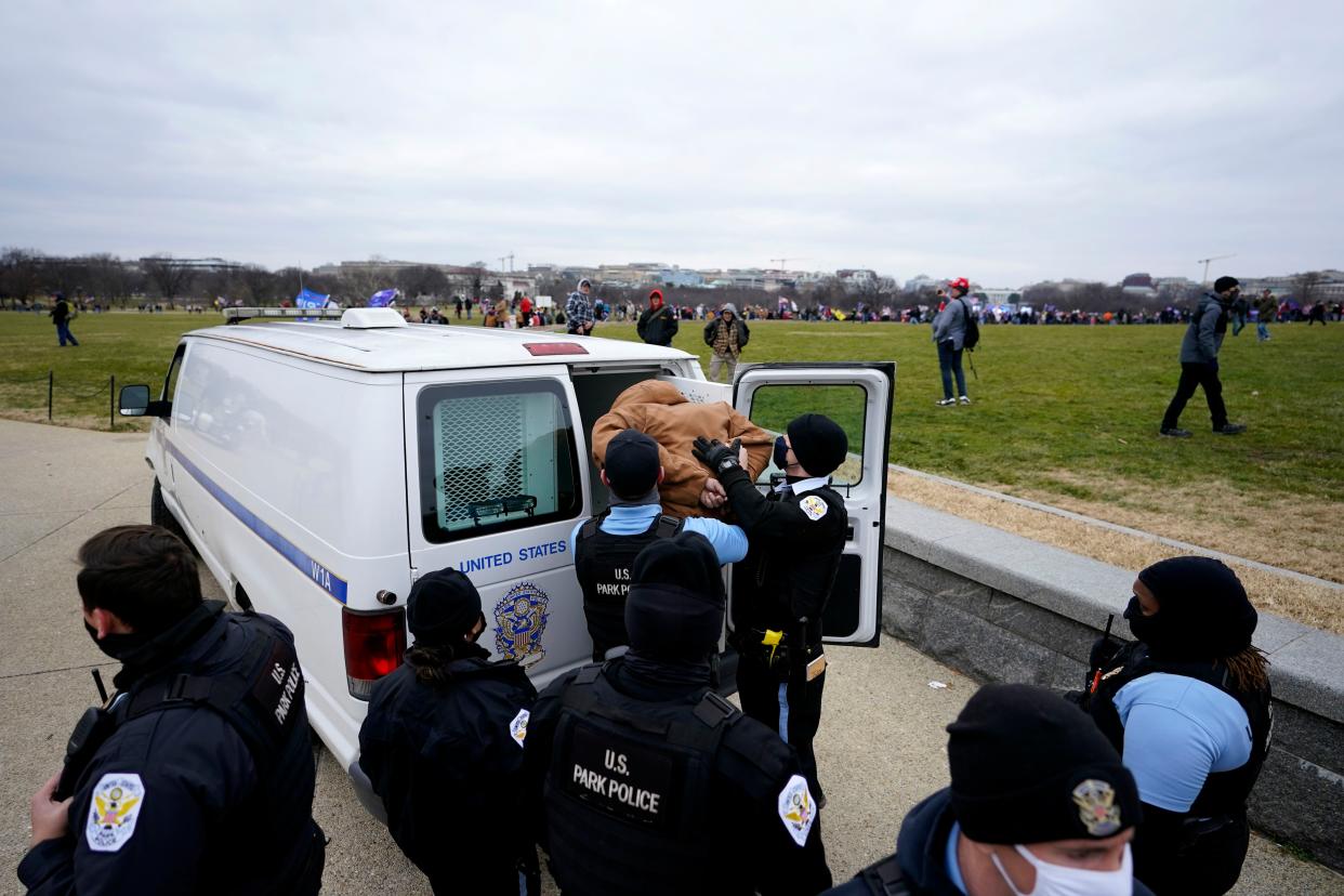 A man with his hands bound is put into the back of a police van after being arrested on the National Mall near the Washington Monument in Washington, Wednesday, Jan. 6, 2021.