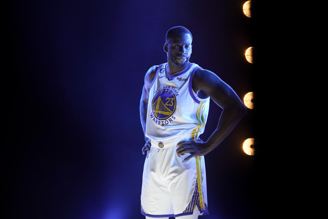 Golden State Warriors forward Draymond Green takes part in a video spot during an NBA basketball media day in San Francisco, Sunday, Sept. 25, 2022. (AP Photo/Godofredo A. Vásquez)