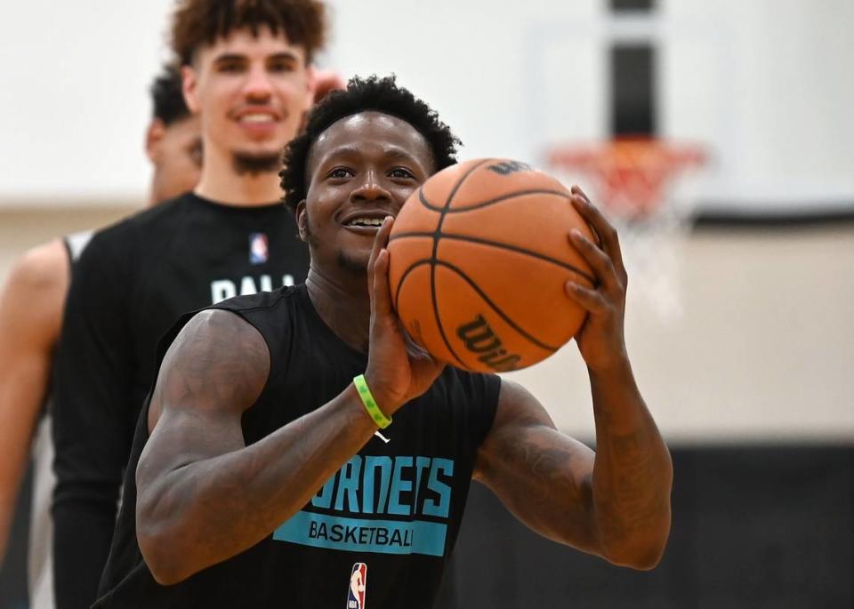 Charlotte Hornets guard Terry Rozier smiles as he prepares to release a shot during an after practice shoot around on Tuesday, September 27, 2022.