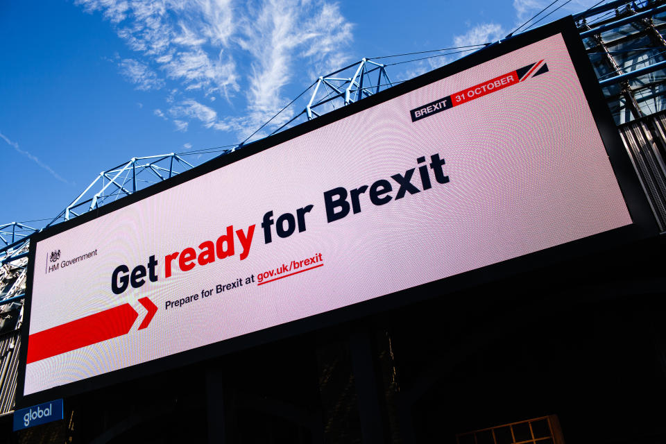 A 'Get ready for Brexit' billboard, part of a huge government information campaign, lights up an advertising screen on Westminster Bridge Road in London, England, on September 17, 2019.  (Photo by David Cliff/NurPhoto via Getty Images)