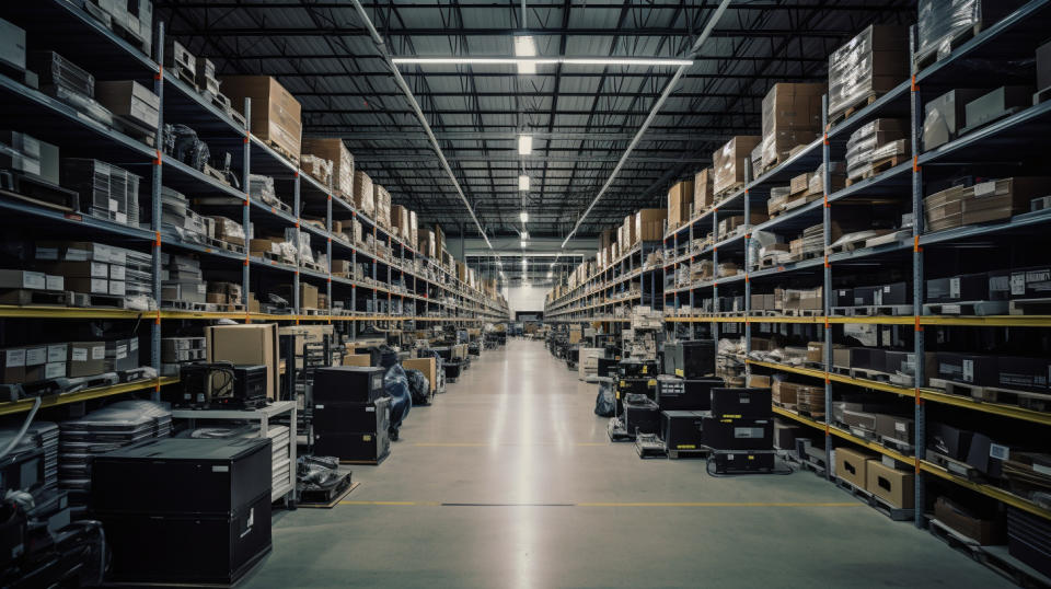 The facility foor, filled with shelves of finished electronics components, ready to be shipped.