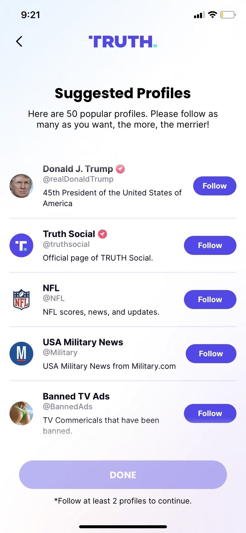 Screenshot of list of Suggested Profiles from Truth Social. Includes, in order, Donald J. Trump, Truth Social, NFL, USA Military News, Banned TV Ads.