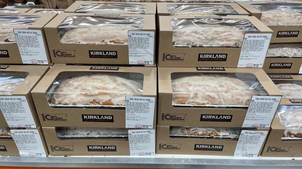 Kirkland Signature pound cake display with boxes stacked on top of each other at a Costco
