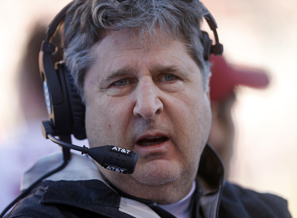 Washington State head coach Mike Leach looks on in the first half of an NCAA college football game against Utah Saturday, Nov. 11, 2017, in Salt Lake City. (AP Photo/Rick Bowmer)