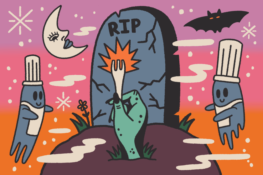 illustration of a hand popping out of a graveyard holding a fork.