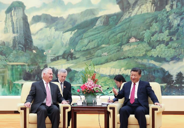 US Secretary of State Rex Tillerson (L) meets with Chinese President Xi Jinping (R) at the Great Hall of the People in Beijing: Reuters