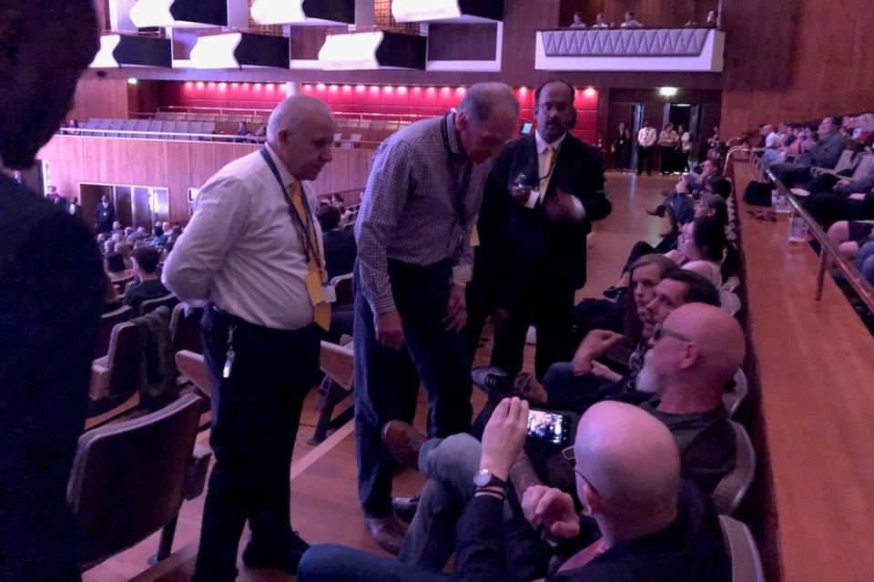 Royal Festival Hall staff speak with some of the protesters at Sadiq Khan’s book event (Ross Lydall)