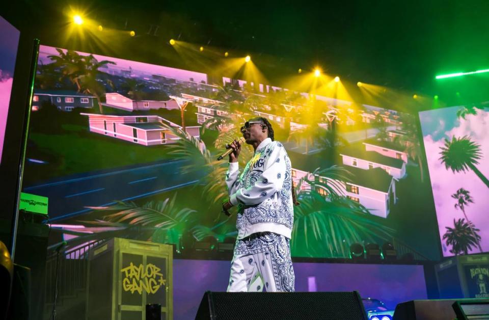 Rap icon Snoop Dogg performs “Nuthin’ but a ‘G’ Thang” from Dr. Dre’s “The Chronic” album at his High School Reunion Tour stop in Sacramento on Friday, Aug. 25, 2023, at Golden 1 Center. Also performing were Wiz Khalifa, Too $hort, Warren G, Berner and DJ Drama.