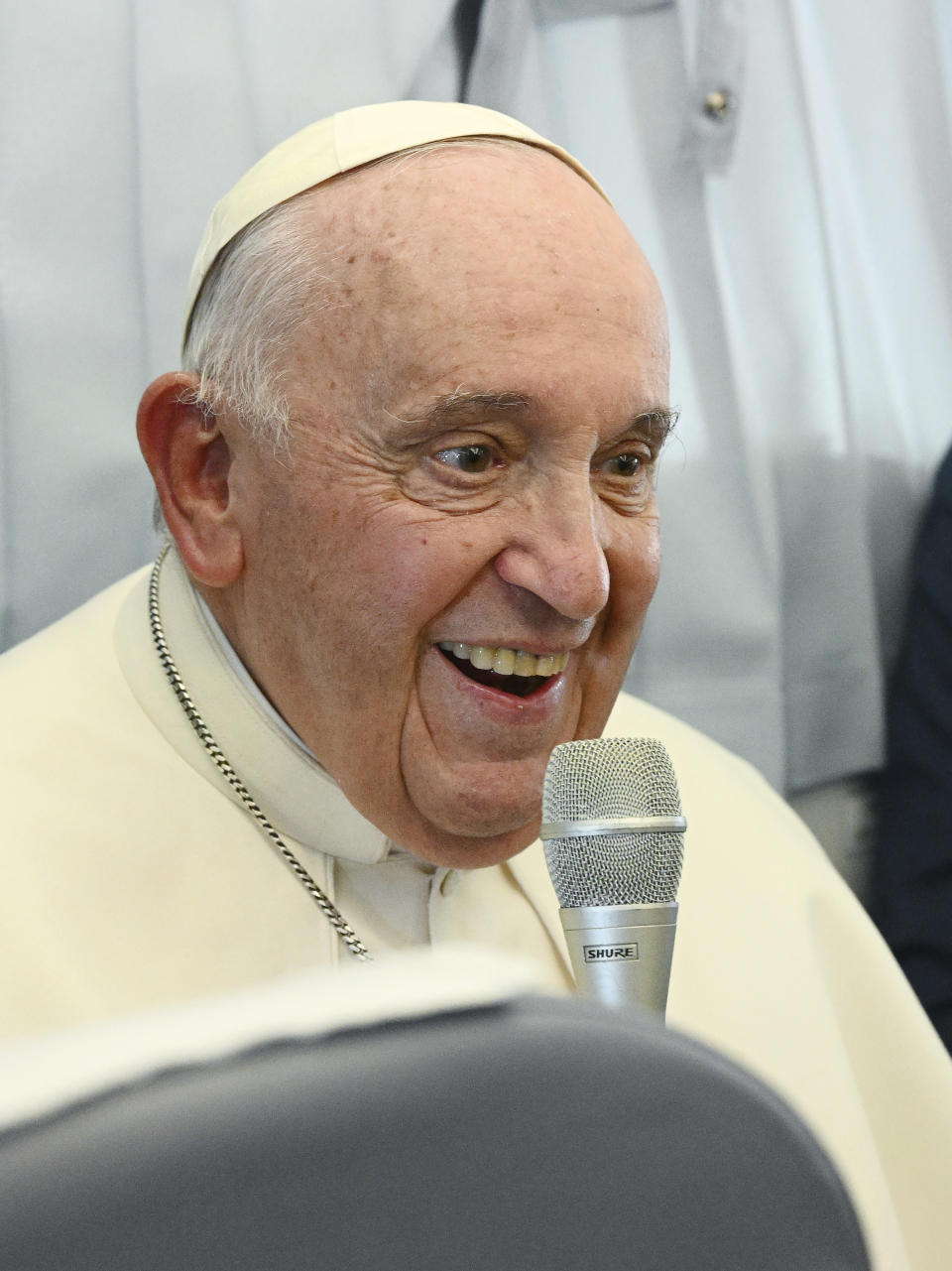 Pope Francis meets the journalists during a press conference aboard the airplane directed to Rome, at the end of his pastoral visit to Hungary, Sunday, April 30, 2023. (Vincenzo Pinto/Pool Photo Via AP)