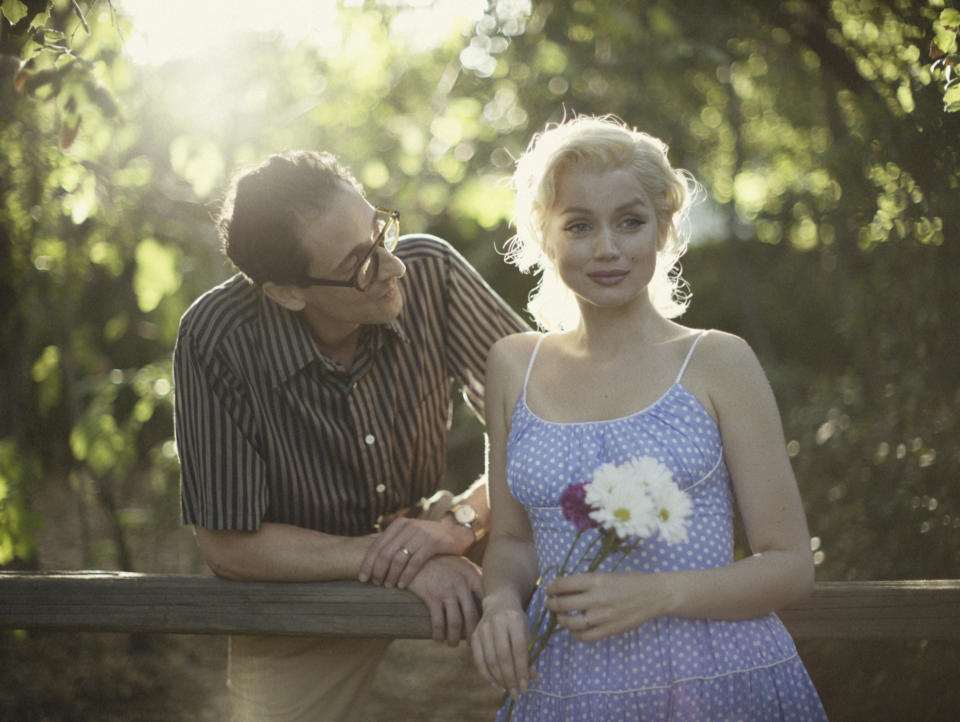 This image released by Netflix shows Adrien Brody, left, and Ana de Armas in "Blonde." (Netflix via AP)