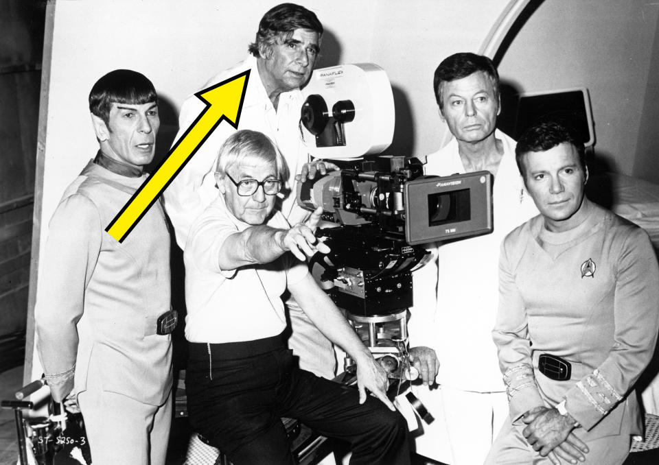 Actors Leonard Nimoy, DeForest Kelley and William Shatner pose for a portrait with writer Gene Roddenberry and director Robert Wise during the filming of "Star Trek: The Motion Picture" in 1979