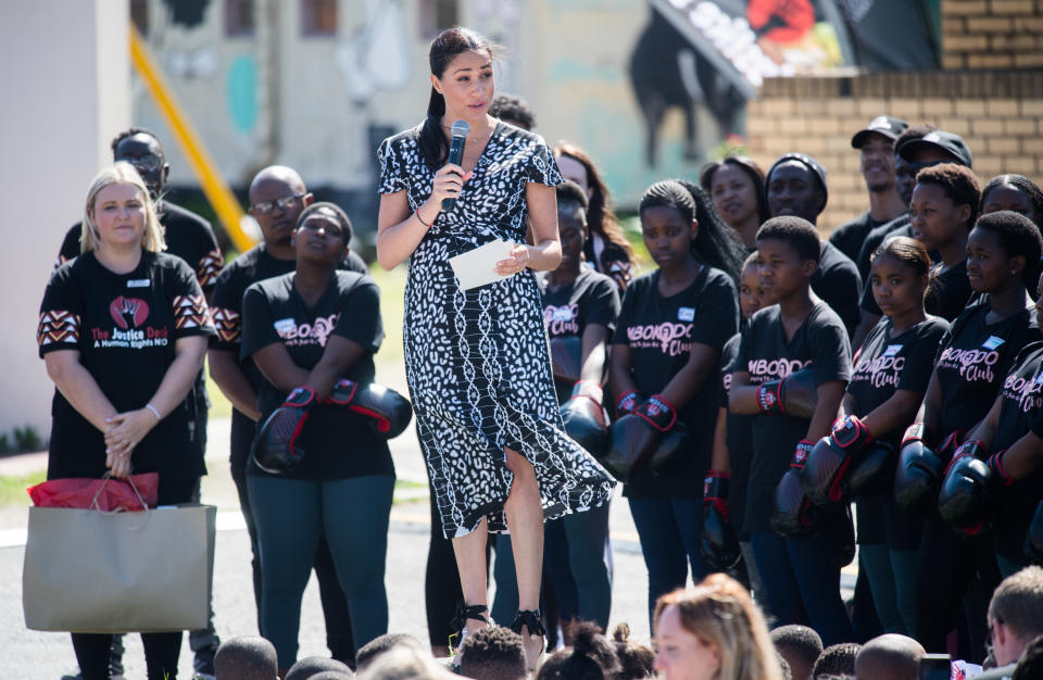 CAPE TOWN, SOUTH AFRICA - SEPTEMBER 23: Meghan, Duchess of Sussex gives a speech as she visits the Nyanga Township with Prince Harry, Duke of Sussex during their royal tour of South Africa on September 23, 2019 in Cape Town, South Africa.   (Photo by Samir Hussein/WireImage)