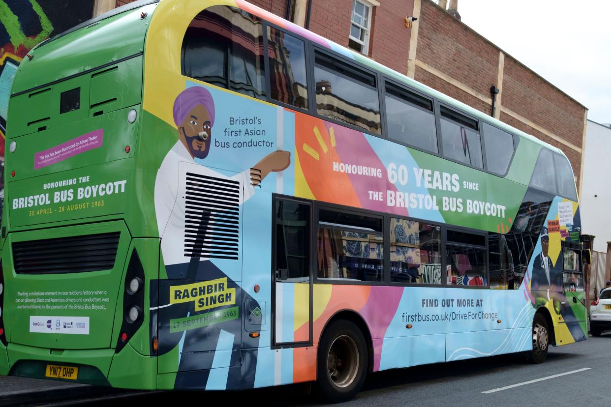 Bristol, UK. 30th Aug, 2023. A specially painted bus tours Bristol to mark 60th anniversary of lifting the colour bar on Bristol Buses. Bristol people boycotted the local Bus service and eventually the colour bar was lifted, and the law changed to prohibit declining jobs based on colour. Credit: JMF News/Alamy Live News