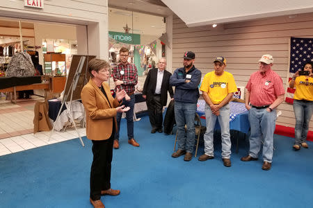 Democratic candidate for Kansas governor, Laura Kelly, speaks to volunteers at local Democratic headquarters in Dodge City, Kansas, U.S. October 26, 2018. REUTERS/John Whitesides