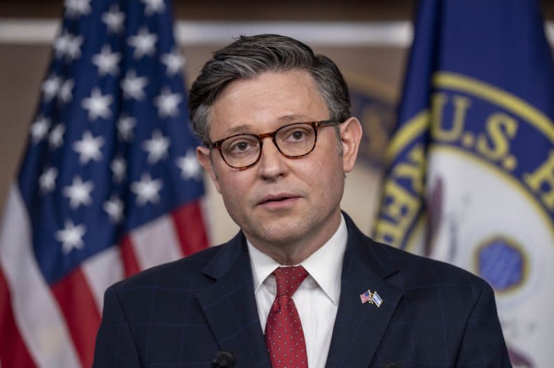 Speaker of the House Mike Johnson, R-La., speaks at a presser on his two-tier continuing resolution in Washington, D.C. The House voted 336 to 95 on Tuesday to approve Johnson's short-term spending bill to avert a government shutdown just days before the deadline. Photo by Ken Cedeno/UPI